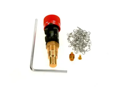 BOSCH Regler mit rotem Bedienknopf, Messinganschluss, beiliegendem Werkzeug und Verbindungselementen, ergänzt durch eine Kette aus Metallverbindungen.
